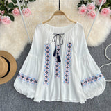 Maxbell Women Embroidery Blouse Lightweight Elegant Casual Tops Round Neck Boho Tops White