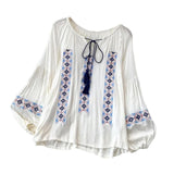 Maxbell Women Embroidery Blouse Lightweight Elegant Casual Tops Round Neck Boho Tops White