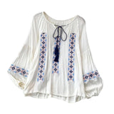 Maxbell Women Embroidery Blouse Lightweight Elegant Casual Tops Round Neck Boho Tops White