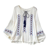 Maxbell Women Embroidery Blouse Lightweight Elegant Casual Tops Round Neck Boho Tops White