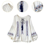 Maxbell Women Embroidery Blouse Lightweight Elegant Casual Tops Round Neck Boho Tops White