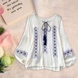 Maxbell Women Embroidery Blouse Lightweight Elegant Casual Tops Round Neck Boho Tops White