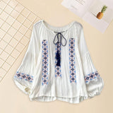 Maxbell Women Embroidery Blouse Lightweight Elegant Casual Tops Round Neck Boho Tops White