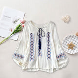 Maxbell Women Embroidery Blouse Lightweight Elegant Casual Tops Round Neck Boho Tops White