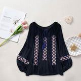 Maxbell Women Embroidery Blouse Lightweight Elegant Casual Tops Round Neck Boho Tops Black