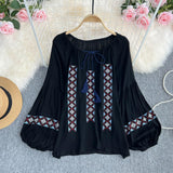 Maxbell Women Embroidery Blouse Lightweight Elegant Casual Tops Round Neck Boho Tops Black