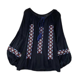 Maxbell Women Embroidery Blouse Lightweight Elegant Casual Tops Round Neck Boho Tops Black