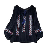 Maxbell Women Embroidery Blouse Lightweight Elegant Casual Tops Round Neck Boho Tops Black