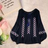 Maxbell Women Embroidery Blouse Lightweight Elegant Casual Tops Round Neck Boho Tops Black