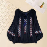 Maxbell Women Embroidery Blouse Lightweight Elegant Casual Tops Round Neck Boho Tops Black