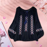 Maxbell Women Embroidery Blouse Lightweight Elegant Casual Tops Round Neck Boho Tops Black