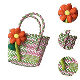 Maxbell Flower Woven Bag Shopping Basket Picnic Basket for Outdoor Harvesting Garden Orange Flower Twill