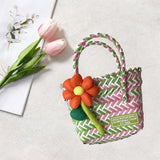 Maxbell Flower Woven Bag Shopping Basket Picnic Basket for Outdoor Harvesting Garden Orange Flower Twill