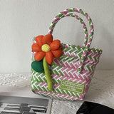 Maxbell Flower Woven Bag Shopping Basket Picnic Basket for Outdoor Harvesting Garden Orange Flower Twill