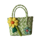 Maxbell Flower Woven Bag Shopping Basket Picnic Basket for Outdoor Harvesting Garden Yellow Flower Twill