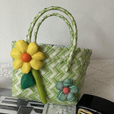 Maxbell Flower Woven Bag Shopping Basket Picnic Basket for Outdoor Harvesting Garden Yellow Flower Twill