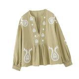 Maxbell Embroidery Blouse for Women Shirt Ethnic Comfortable Mexican Embroidered Top L