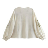 Maxbell Embroidery Blouse for Women Shirt V Neck Soft Ethnic Mexican Embroidered Top M