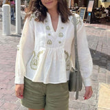 Maxbell Embroidery Blouse for Women Shirt V Neck Soft Ethnic Mexican Embroidered Top M