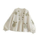 Maxbell Embroidery Blouse for Women Shirt V Neck Soft Ethnic Mexican Embroidered Top L
