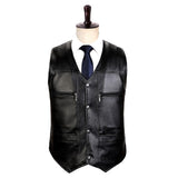 Maxbell Waistcoat Utility Jacket Punk Mens PU Leather Vest for Sports Fishing Winter XL Black