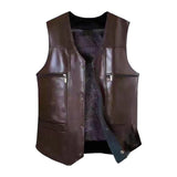 Maxbell Waistcoat Lightweight Utility Mens PU Leather Vest for Travel Winter Hunting 2XL Brown