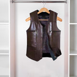 Maxbell Waistcoat Lightweight Utility Mens PU Leather Vest for Travel Winter Hunting 2XL Brown