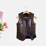 Maxbell Waistcoat Lightweight Utility Mens PU Leather Vest for Travel Winter Hunting 3XL Brown
