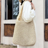Maxbell Handwoven Beach Tote Bag for Women Lady for Commuting Vacation Birthday Gift Beige White