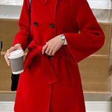 Maxbell Women Woolen Overcoat Waist Belt Wide Waist Belt for Commuting Travel Red
