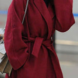 Maxbell Women Woolen Overcoat Waist Belt Wide Waist Belt for Commuting Travel Dark Red