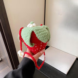Maxbell Hand Knitted Strawberry Bag with Flower Design Handbag for Work Street Party