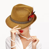 Maxbell Homburg Hat for Male Retro Design Fashion Hairdress for Work Travel Red Feathers