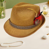 Maxbell Homburg Hat for Male Retro Design Fashion Hairdress for Work Travel Red Feathers