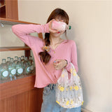 Maxbell Embroidery Flower Handbag Reusable Grocery Bag for Travel Camping Women Girl Yellow