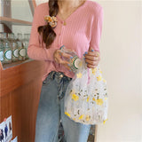 Maxbell Embroidery Flower Handbag Reusable Grocery Bag for Travel Camping Women Girl Yellow