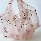 Maxbell Embroidery Flower Handbag Reusable Grocery Bag for Travel Camping Women Girl Pink