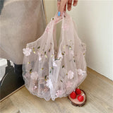 Maxbell Embroidery Flower Handbag Reusable Grocery Bag for Travel Camping Women Girl Pink
