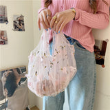 Maxbell Embroidery Flower Handbag Reusable Grocery Bag for Travel Camping Women Girl Pink