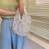 Maxbell Embroidery Flower Handbag Reusable Grocery Bag for Travel Camping Women Girl Gray