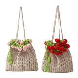 Maxbell 3D Rose Bouquet Bouquet Woven Beach Bag Shoulder Bag for Trip Shopping Pink