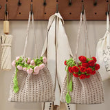 Maxbell 3D Rose Bouquet Bouquet Woven Beach Bag Shoulder Bag for Trip Shopping Pink