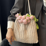 Maxbell 3D Rose Bouquet Bouquet Woven Beach Bag Shoulder Bag for Trip Shopping Pink
