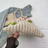 Maxbell 3D Rose Bouquet Bouquet Woven Beach Bag Shoulder Bag for Trip Shopping Pink