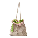 Maxbell 3D Rose Bouquet Bouquet Woven Beach Bag Shoulder Bag for Trip Shopping Pink