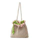 Maxbell 3D Rose Bouquet Bouquet Woven Beach Bag Shoulder Bag for Trip Shopping Pink