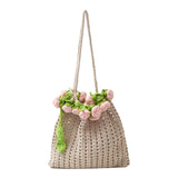 Maxbell 3D Rose Bouquet Bouquet Woven Beach Bag Shoulder Bag for Trip Shopping Pink