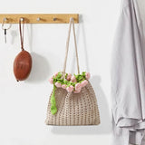 Maxbell 3D Rose Bouquet Bouquet Woven Beach Bag Shoulder Bag for Trip Shopping Pink