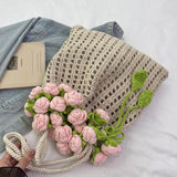 Maxbell 3D Rose Bouquet Bouquet Woven Beach Bag Shoulder Bag for Trip Shopping Pink