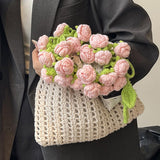 Maxbell 3D Rose Bouquet Bouquet Woven Beach Bag Shoulder Bag for Trip Shopping Pink